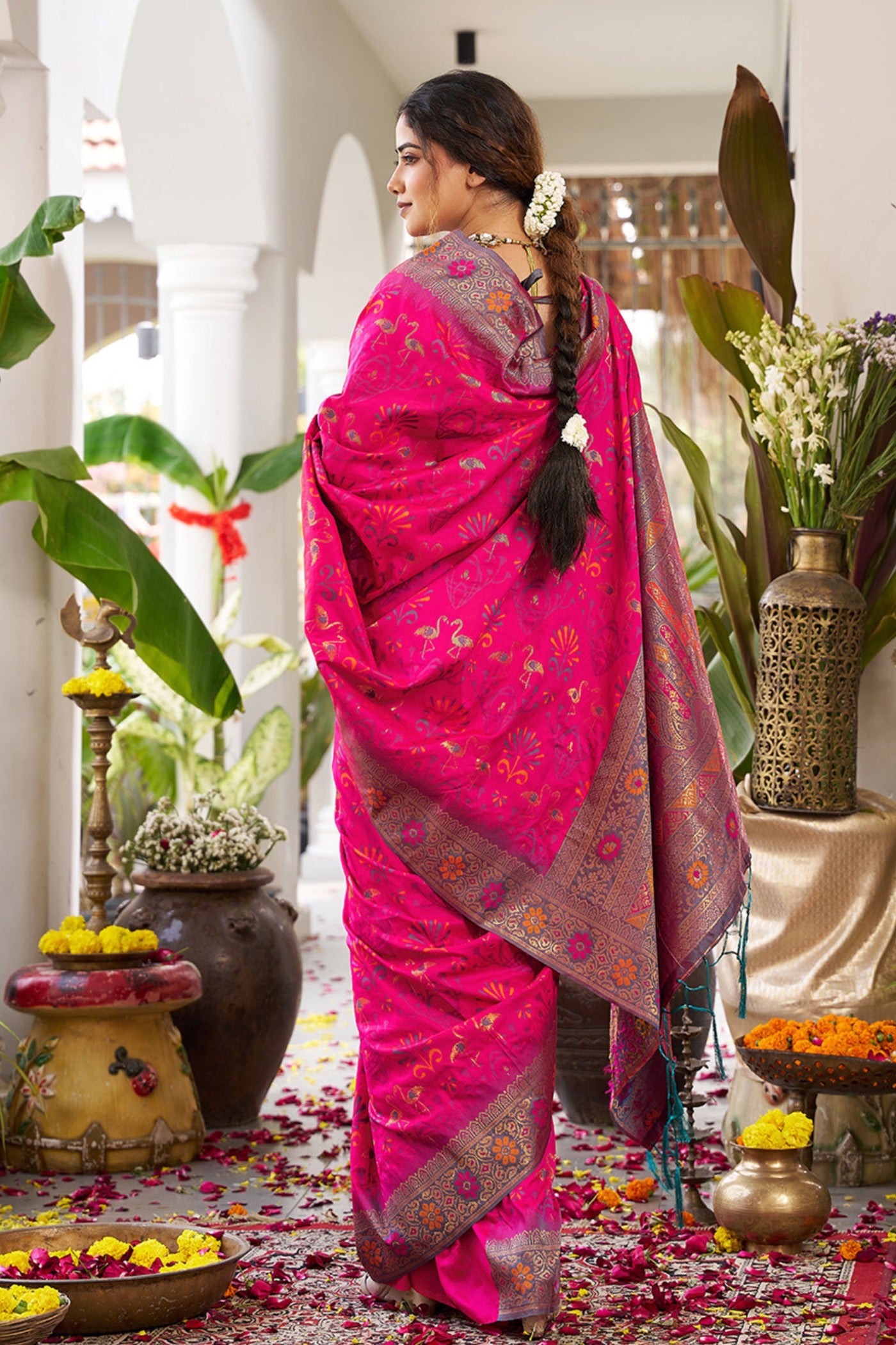 Buy MySilkLove China Rose Pink Banarasi Woven Soft Silk Saree Online