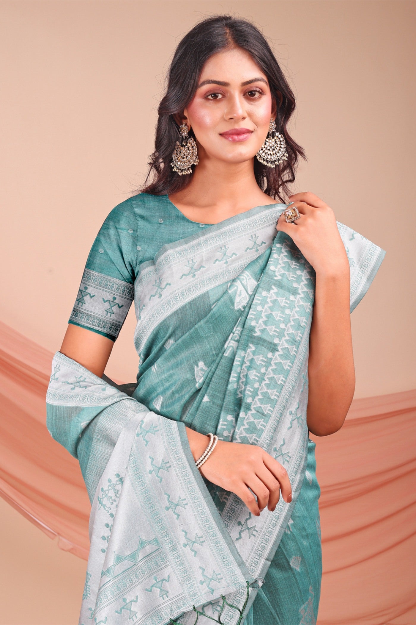 Buy MySilkLove Pine Green Woven Linen Cotton Saree Online