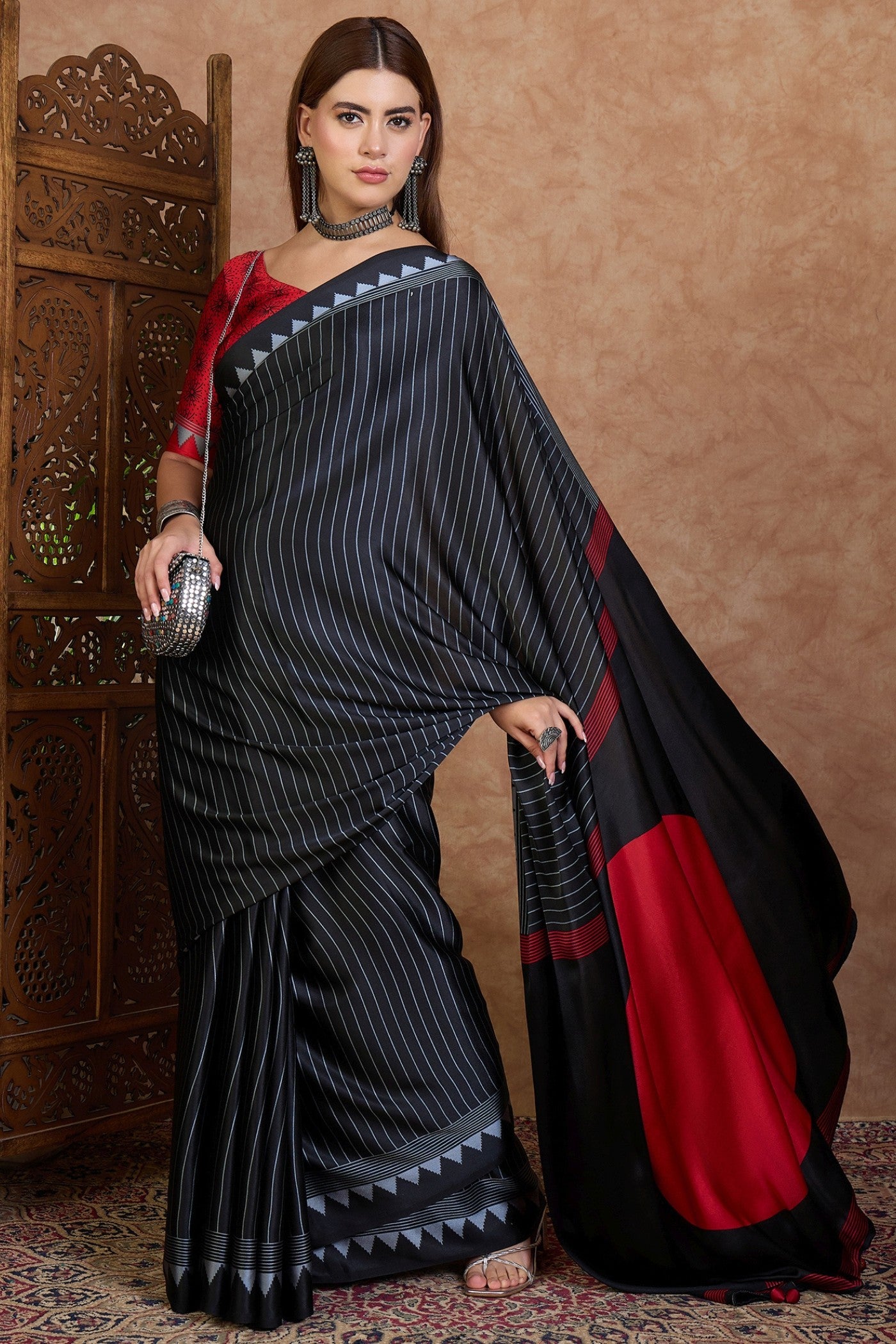 Buy MySilkLove Pitch Black and Red Stripe Ajrakh Printed Satin Crepe Silk Saree Online