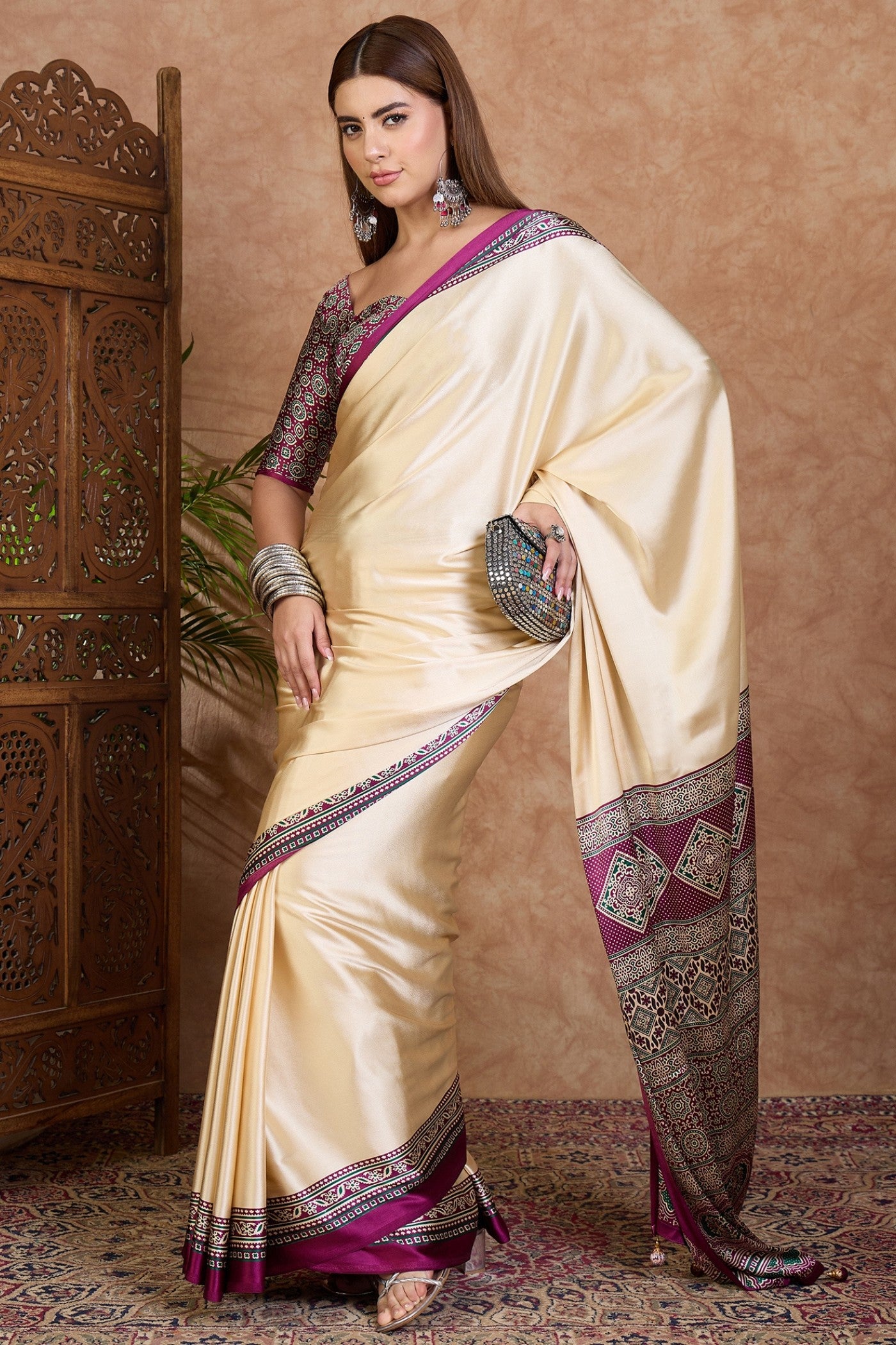 Buy MySilkLove Alabaster Cream and Purple Ajrakh Printed Satin Crepe Silk Saree Online