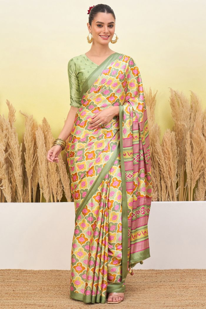 Buy MySilkLove Olive Green and Cream Modal Satin Printed Silk Saree Online