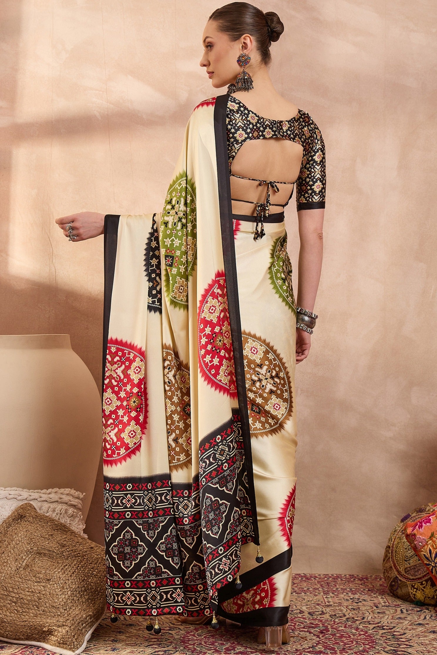 Buy MySilkLove Pastel Cream and Black Modal Ajrakh Printed Silk Saree Online