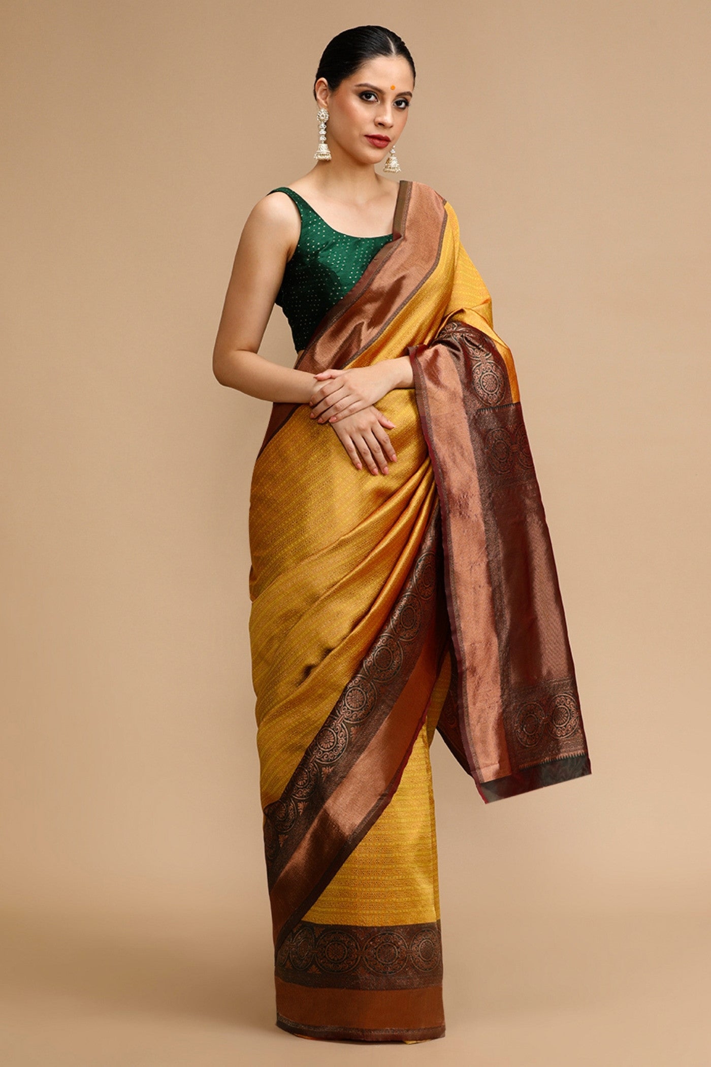 Buy MySilkLove Saffron Yellow and Green Woven Jacquard Lichi Silk Saree Online