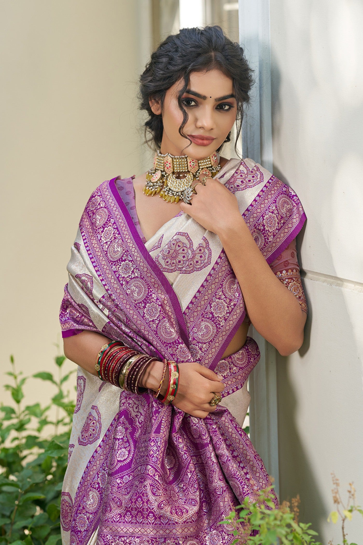 MySilkLove Classic Ivory and Purple Woven Banarasi Saree
