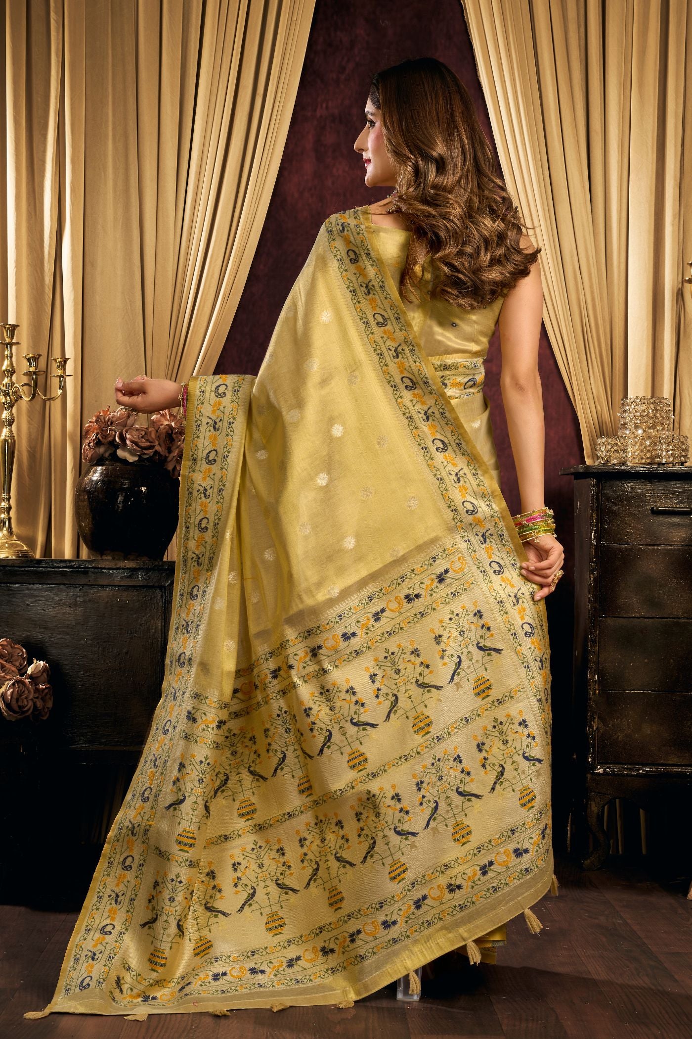 Buy MySilkLove Ochre Yellow Woven Tissue Paithani Saree Online