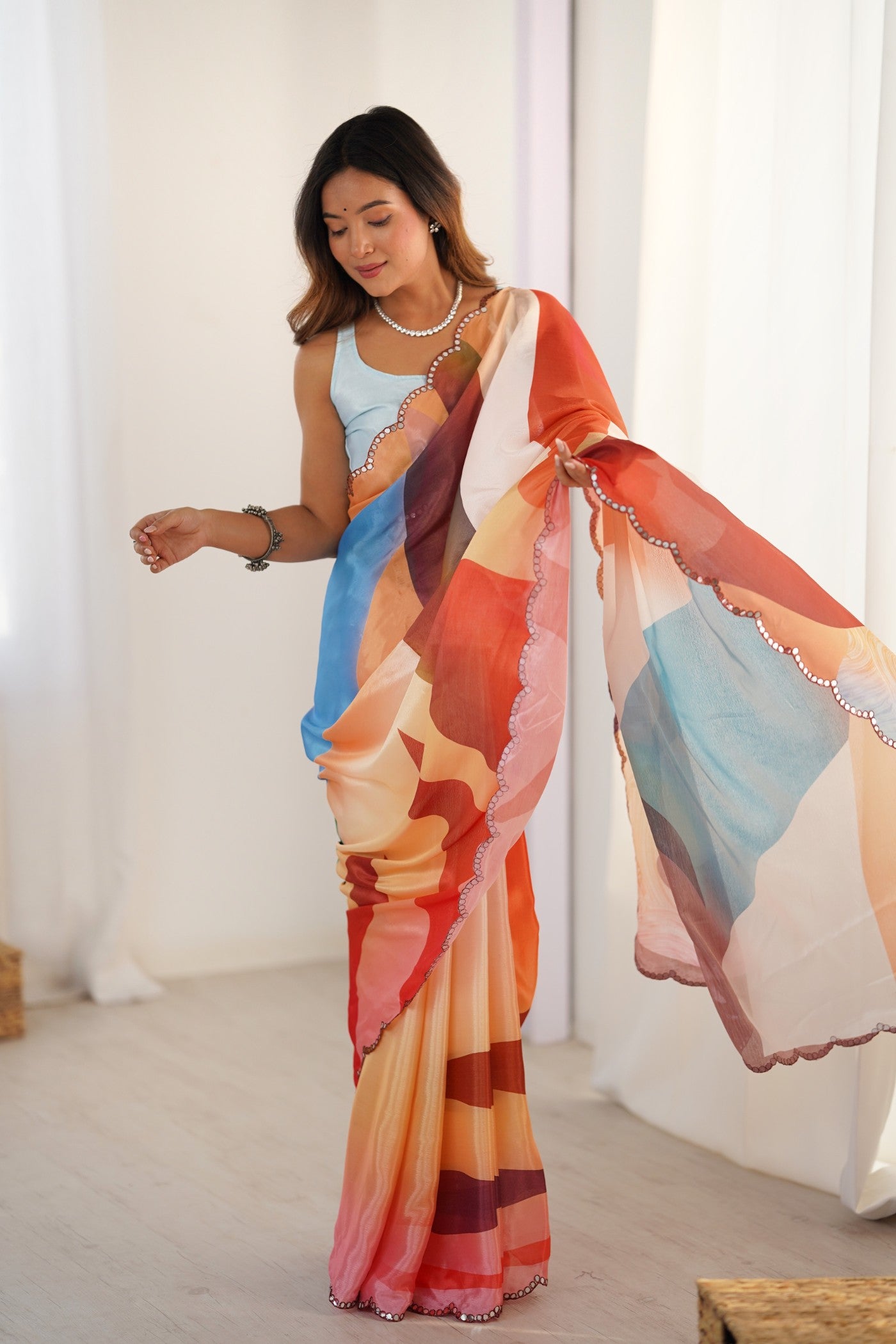 Buy MySilkLove Cream Multicolor Chinon Partywear Saree Online