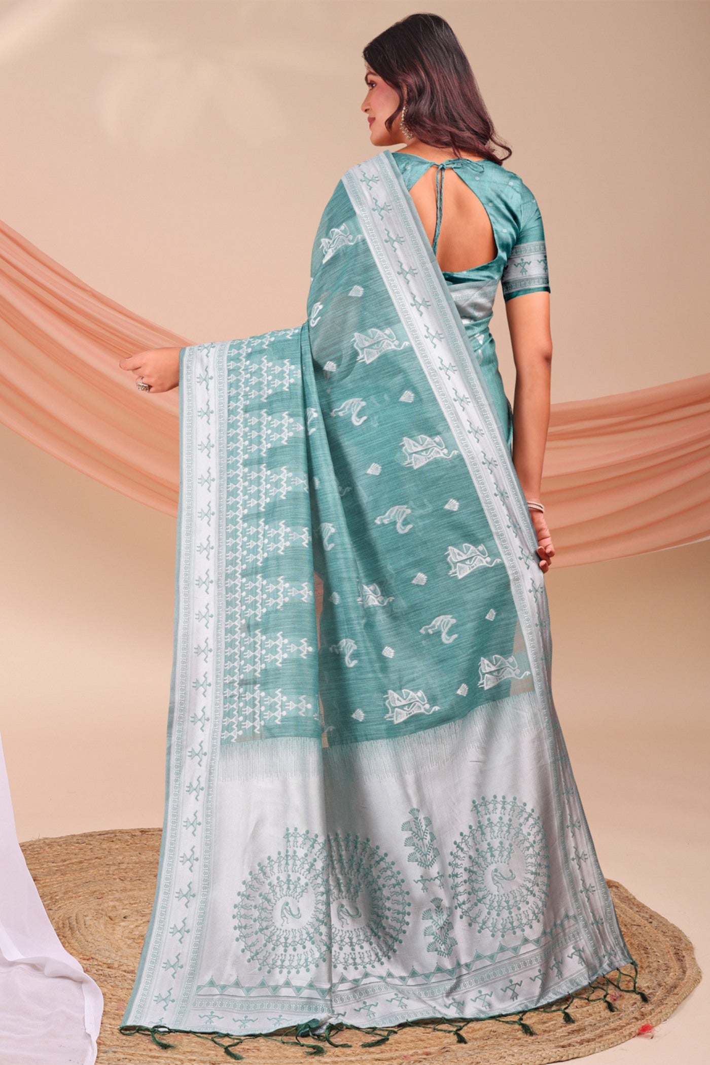 Buy MySilkLove Pine Green Woven Linen Cotton Saree Online