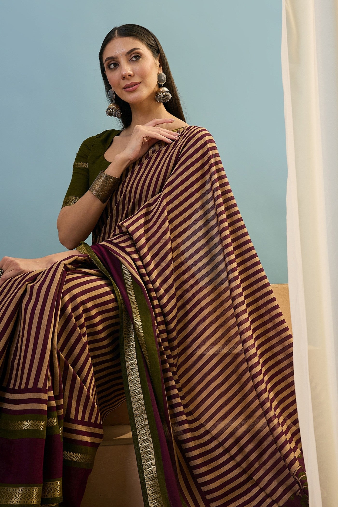 Buy MySilkLove Olive Green Woven Cotton Saree Online