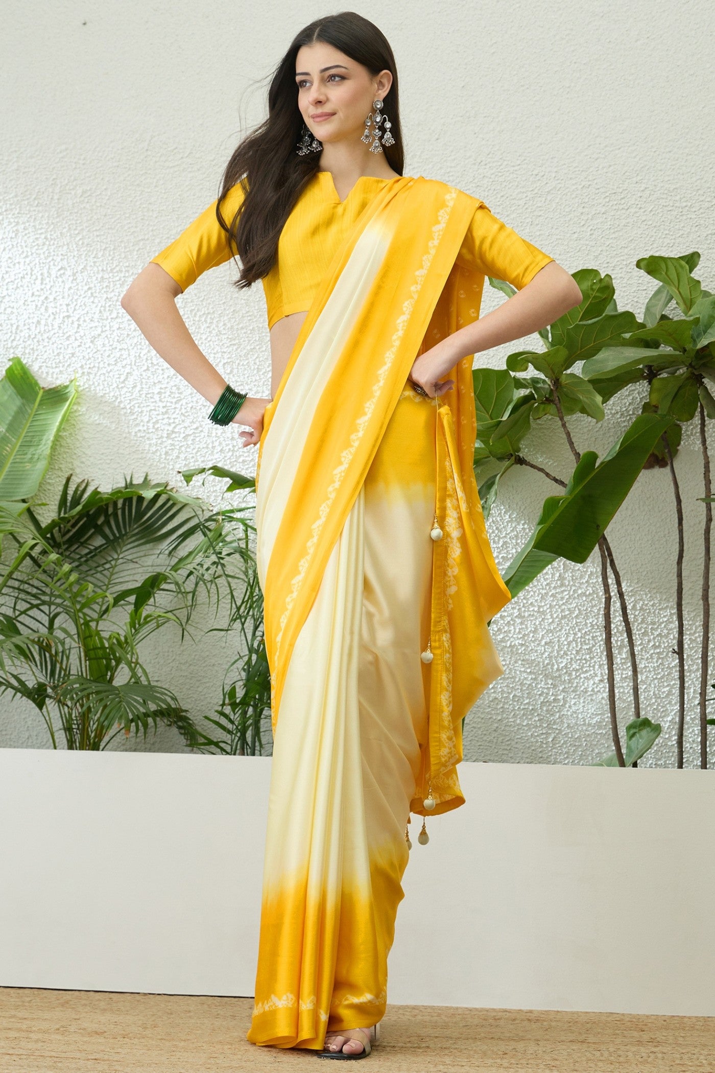 Buy MySilkLove Cyber Yellow Printed Satin Crepe Silk Saree Online