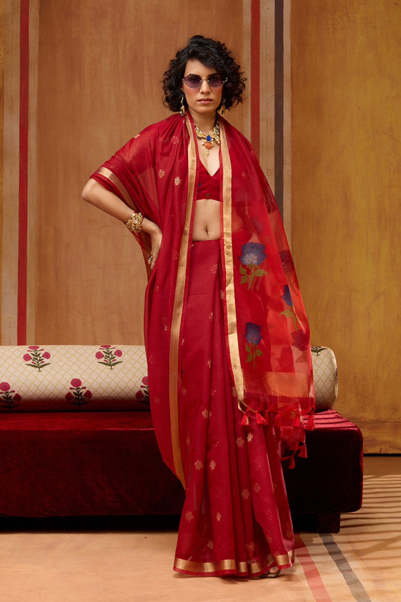 Buy MySilkLove Wine Red Handloom Muga Cotton Saree Online