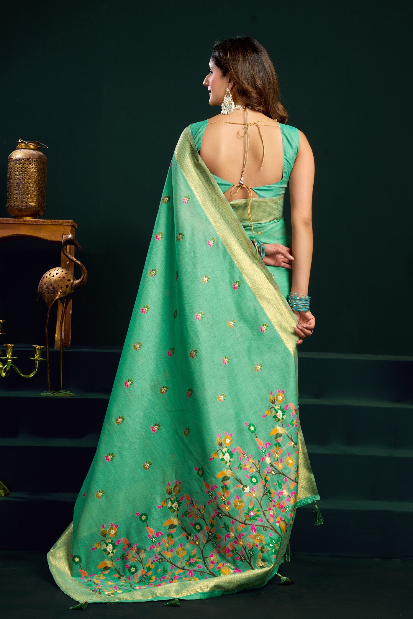 Buy MySilkLove Myrtle Green Handloom Muga Cotton Saree Online