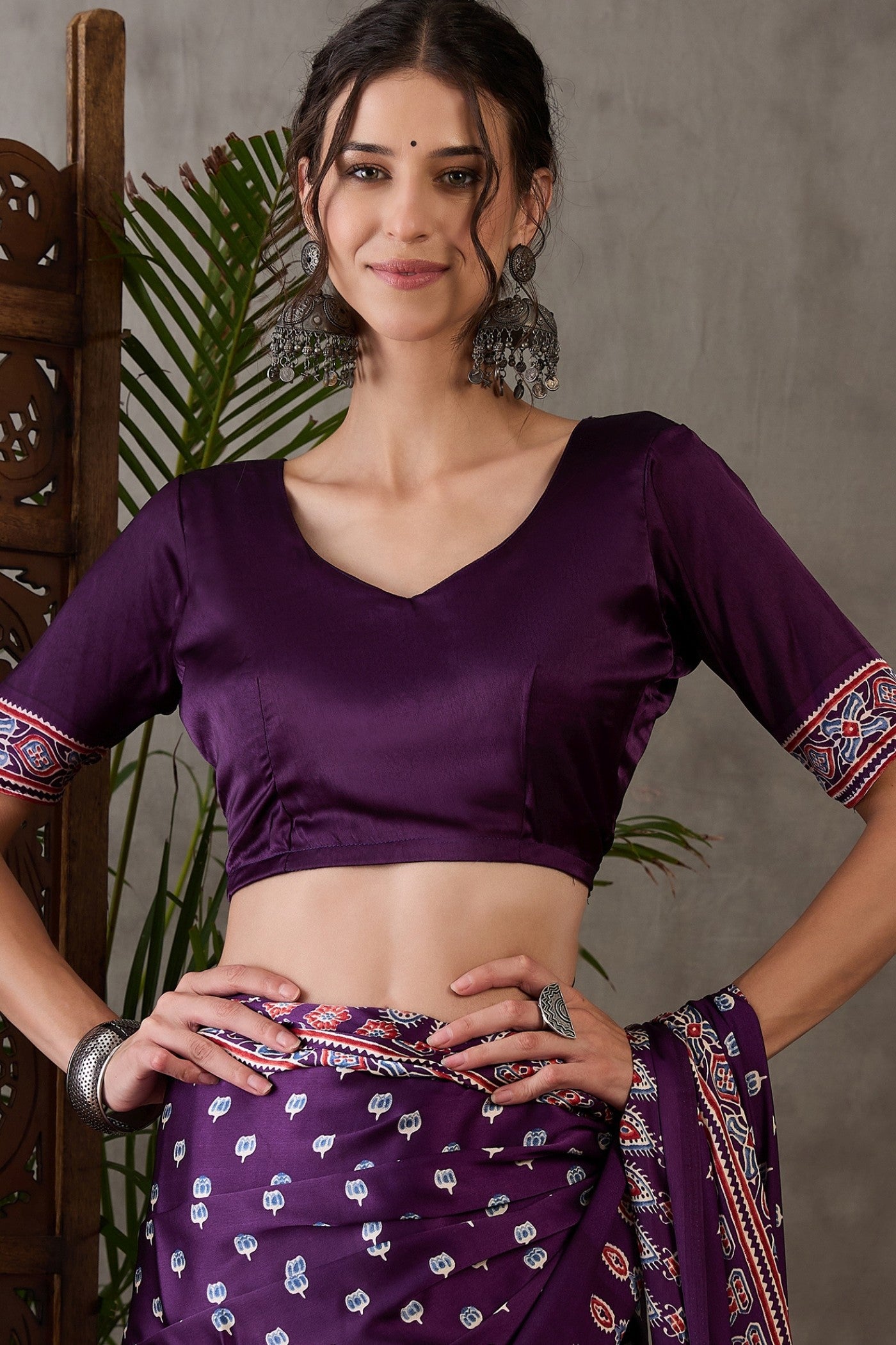 Buy MySilkLove Jamun Purple Printed Satin Gaji Silk Saree Online
