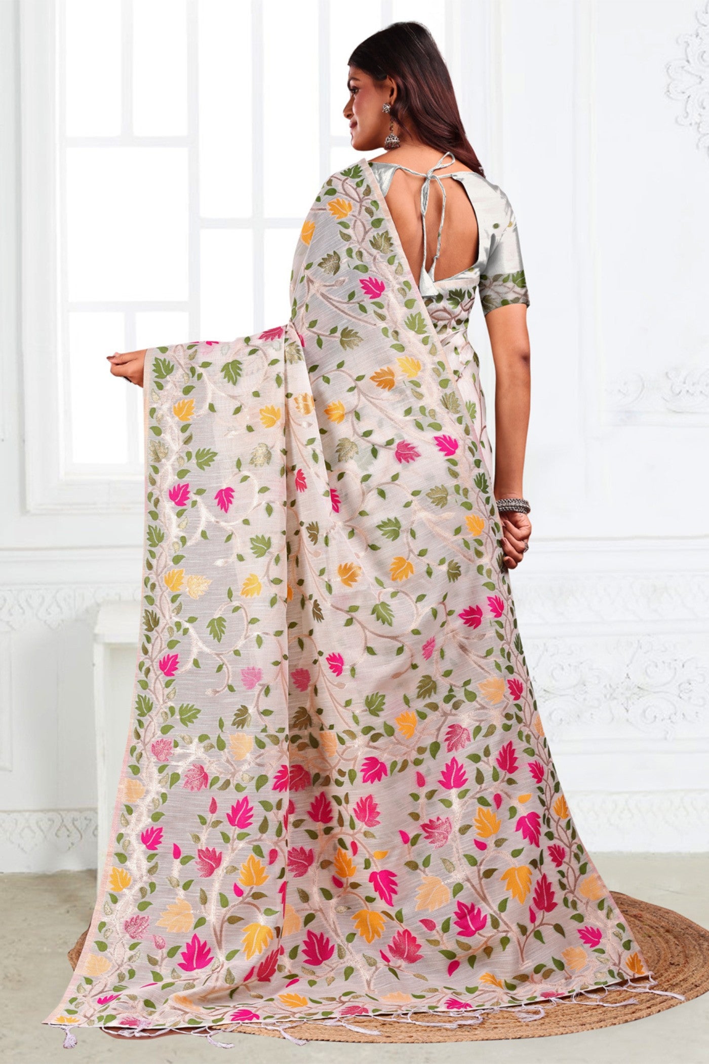 Buy MySilkLove Snow White Woven Linen Cotton Saree Online