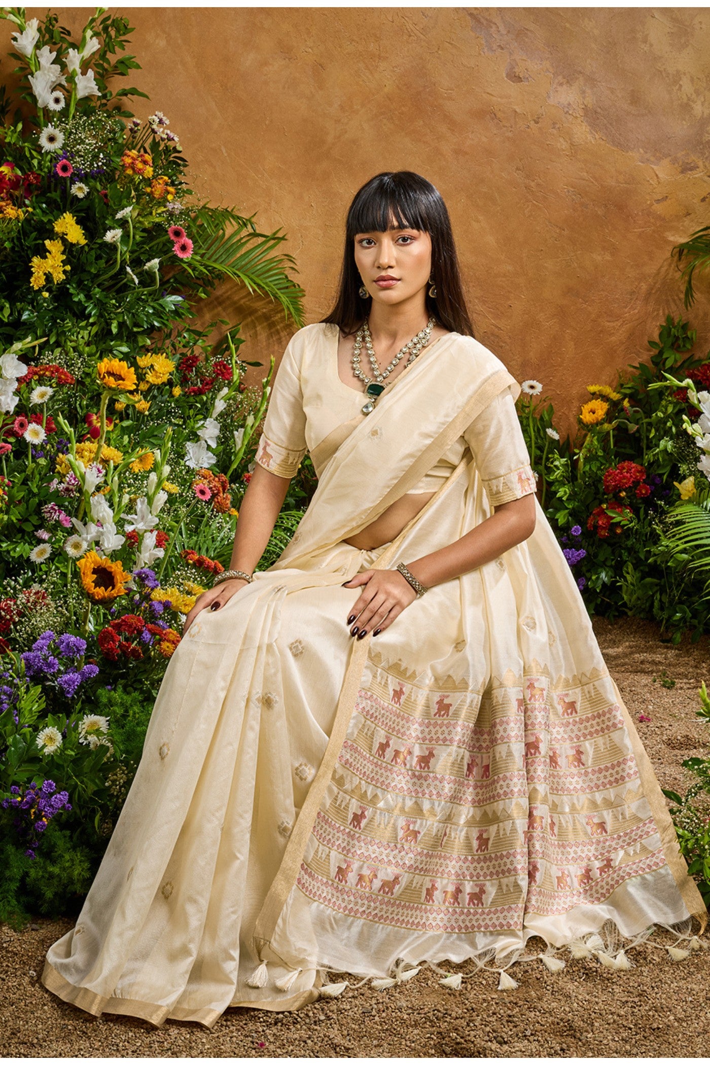 Buy MySilkLove Pearl White Tussar Handloom Silk Saree Online