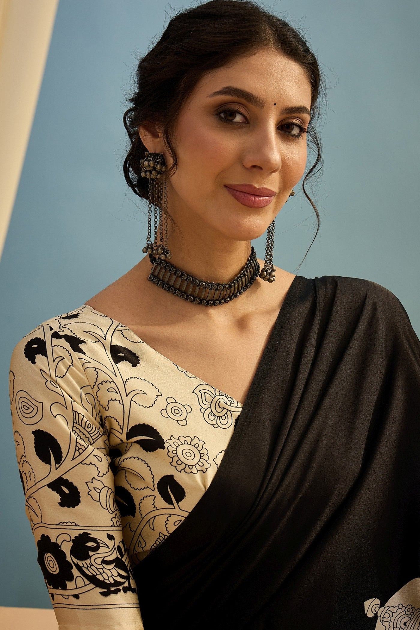 Buy MySilkLove Gunmetal Black Ajrakh Printed Satin Crepe Silk Saree Online