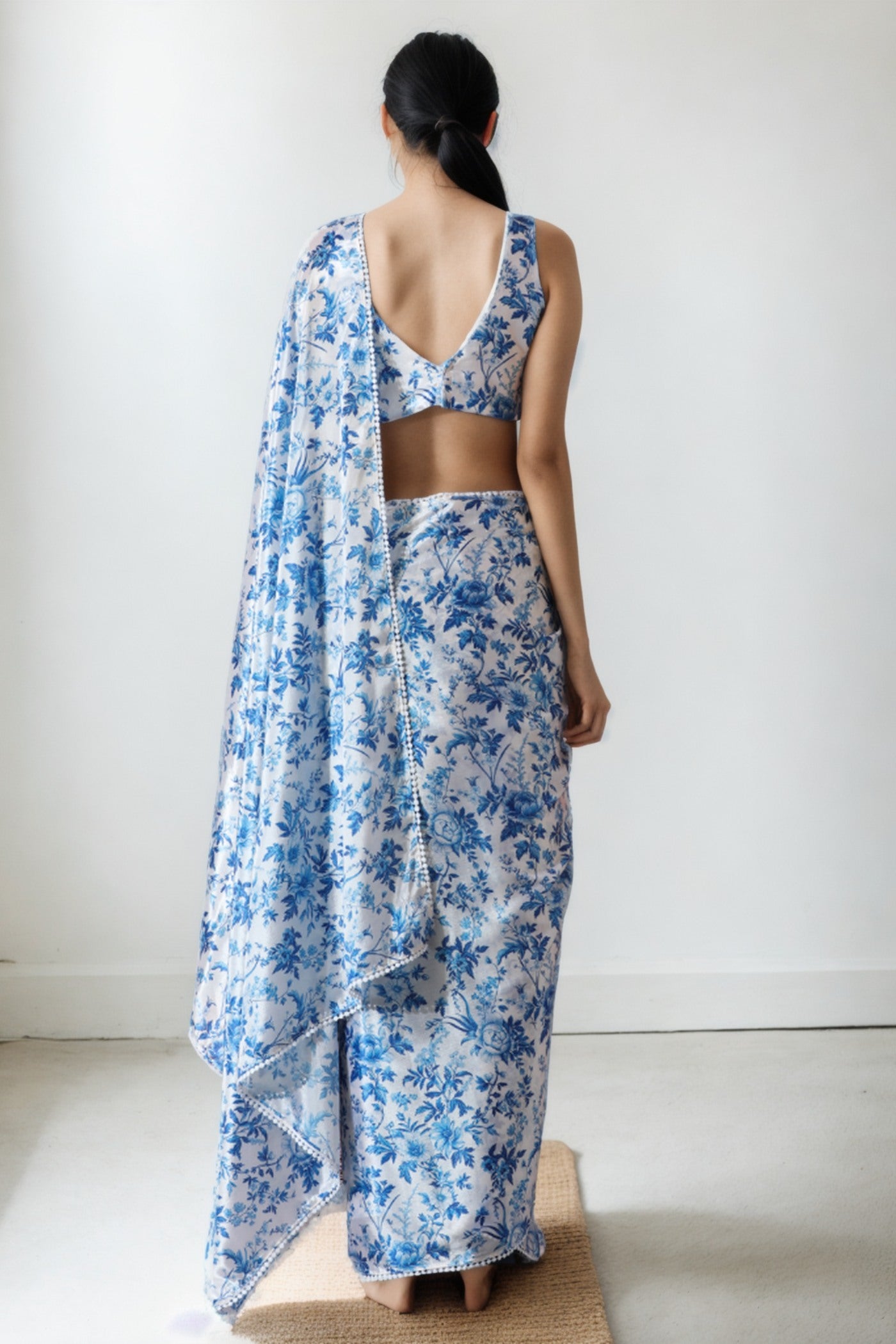 Buy MySilkLove Cornflower Blue Chinon Printed Ready To Wear Saree Online