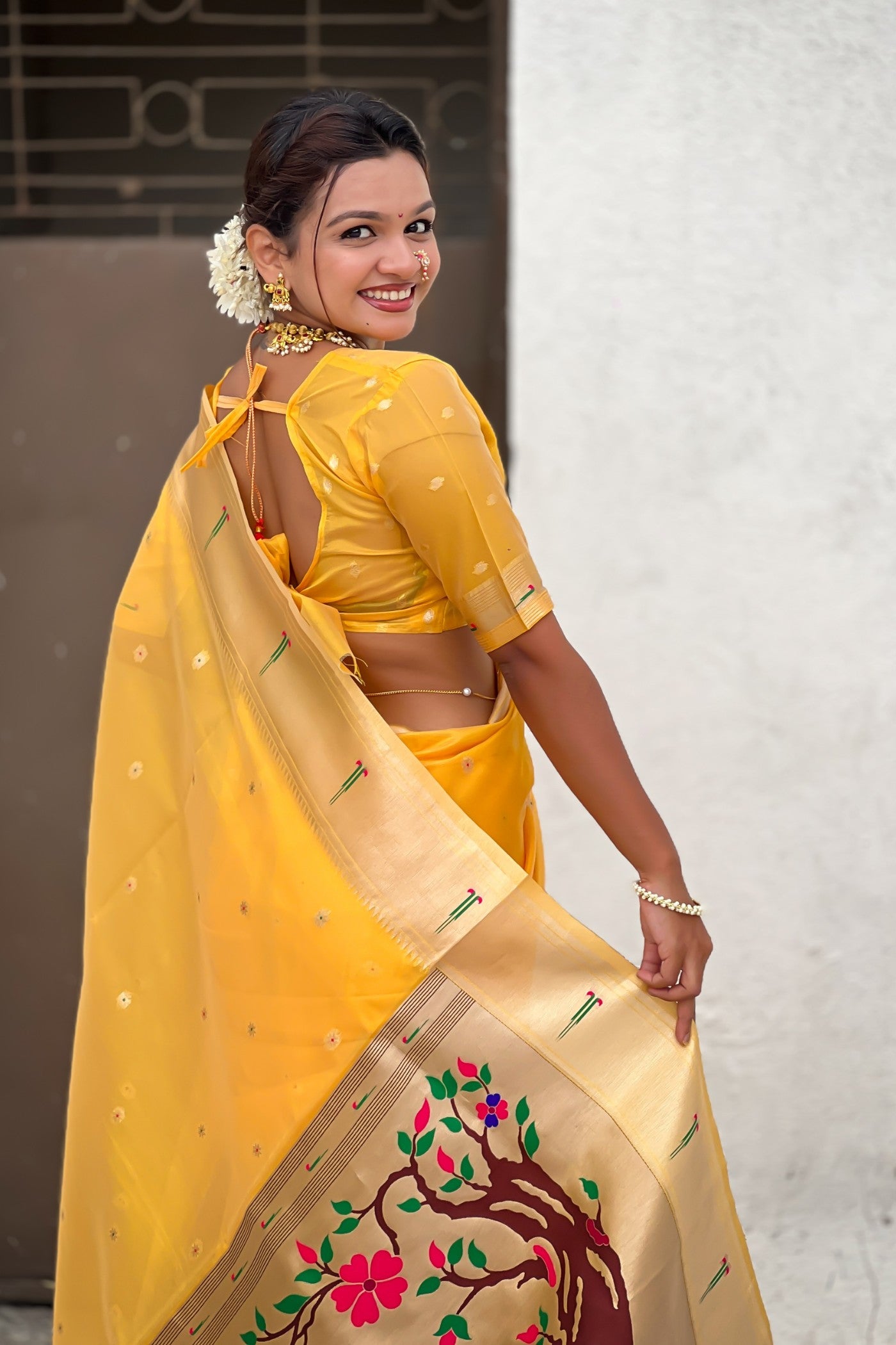 MySilkLove Amber Yellow Organza Woven Paithani Saree