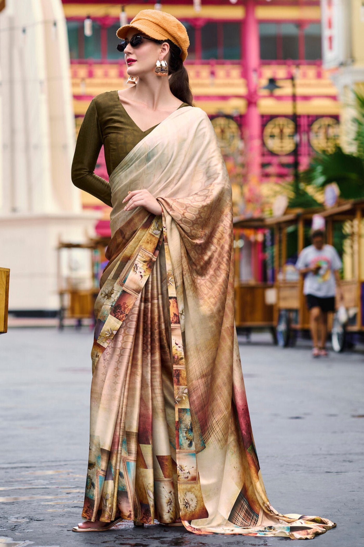 Teal Multistripe Crepe Silk Readymade/Easy Saree