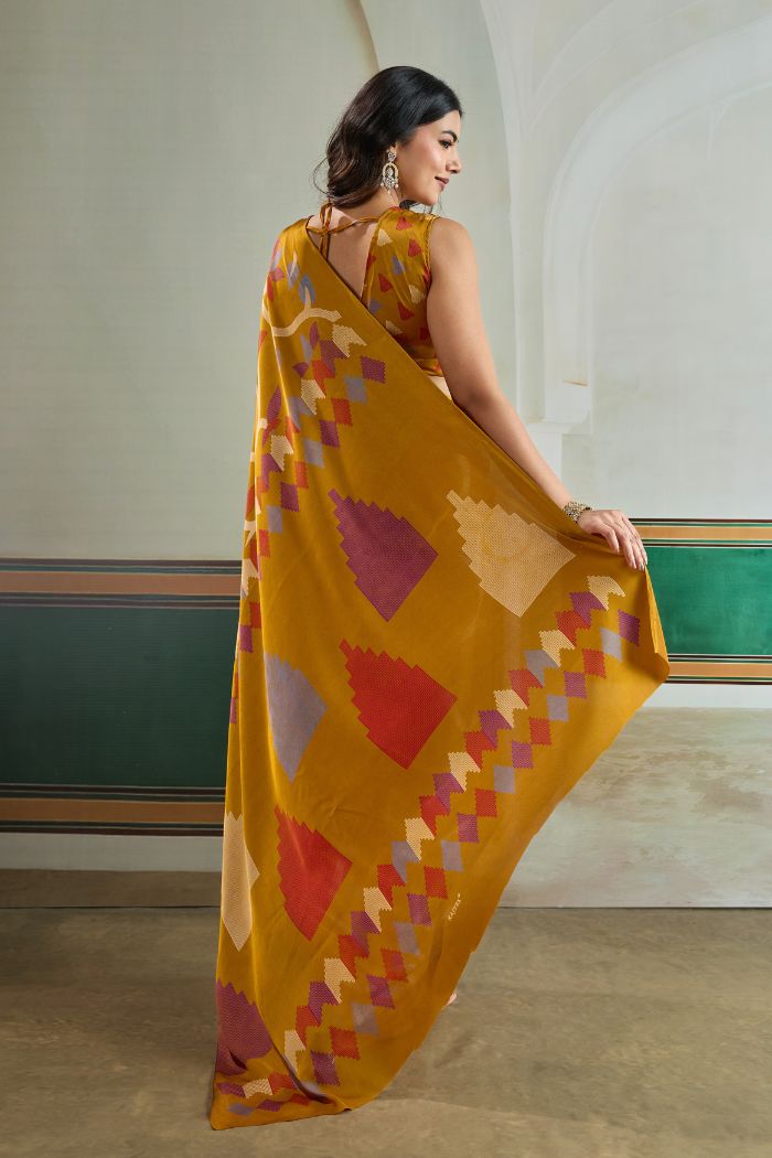 Buy MySilkLove Tulip Yellow Modal Ajrakh Printed Satin Silk Saree Online