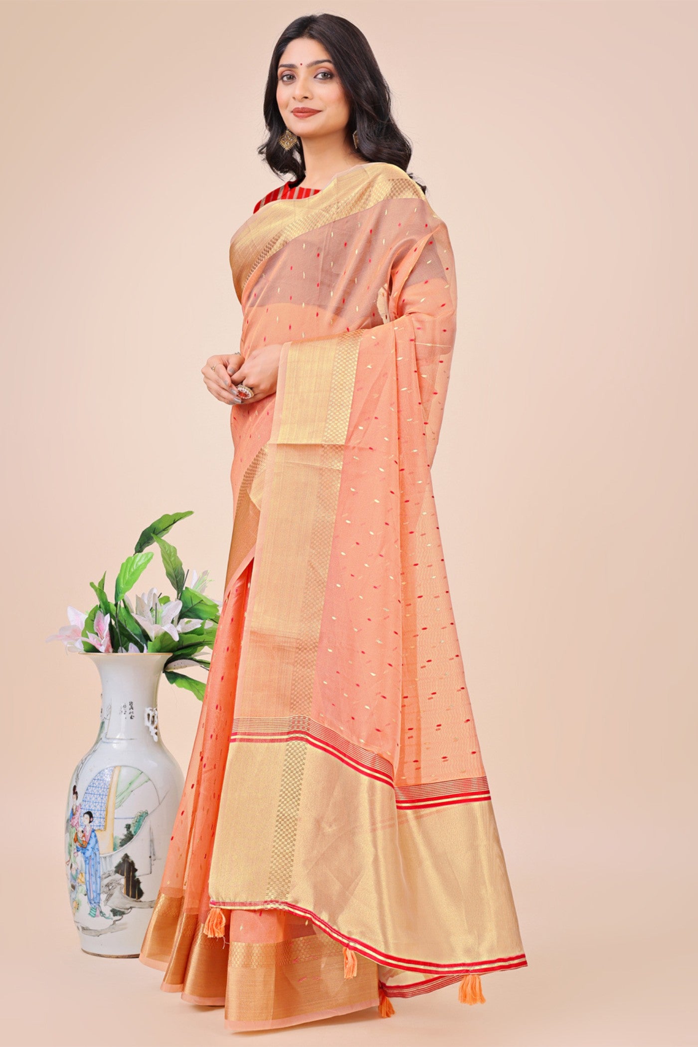 Buy MySilkLove Malibu Peach Woven Organza Saree Online