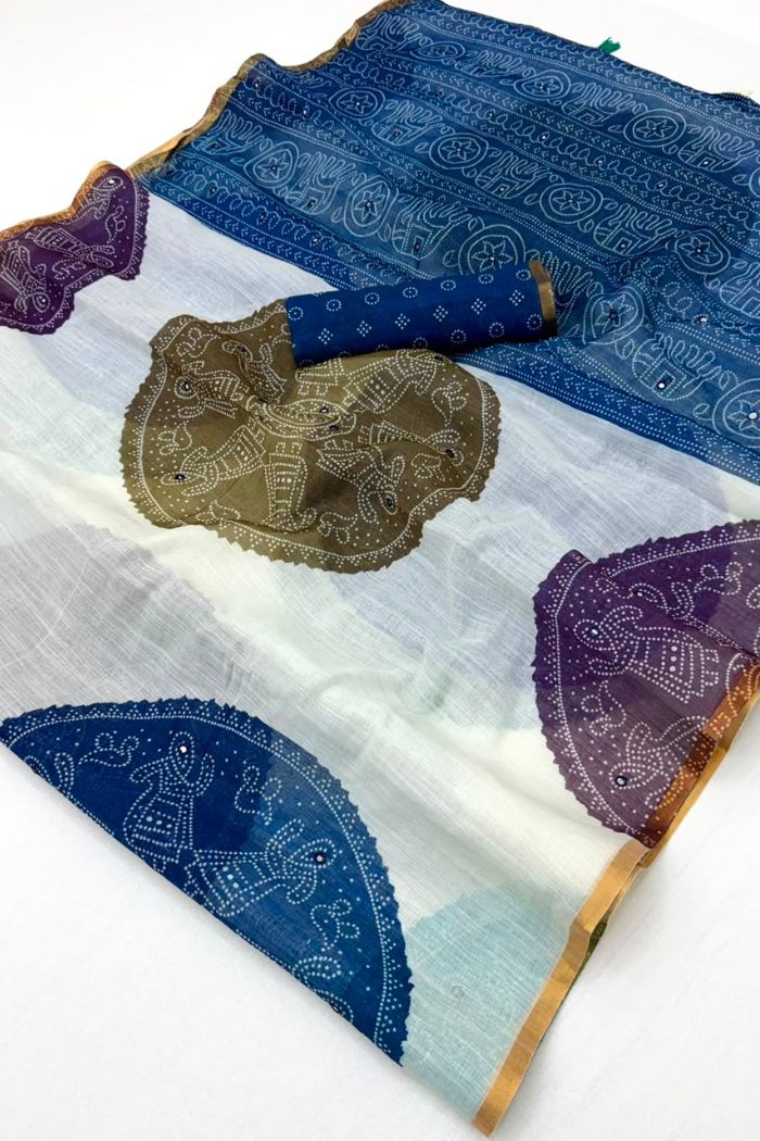 Buy MySilkLove Multicolor White Linen Bandhani Saree with Mirror Work Online