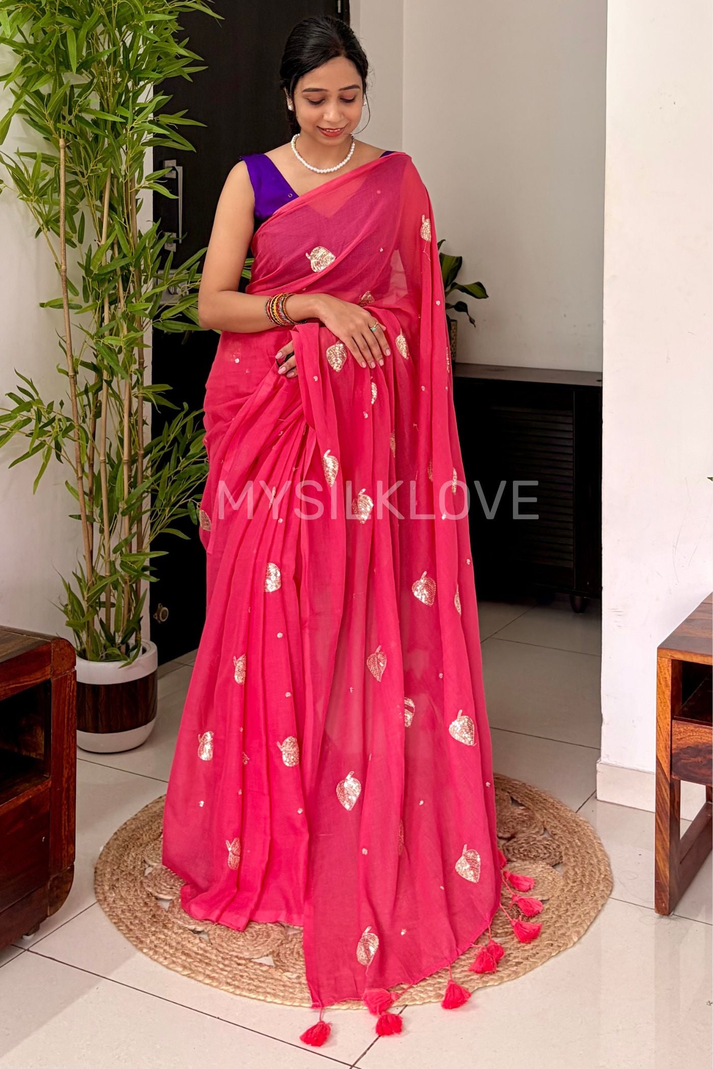 Buy MySilkLove Charm Pink Pure Mul Mul Cotton Leaf Sequin Work Saree Online