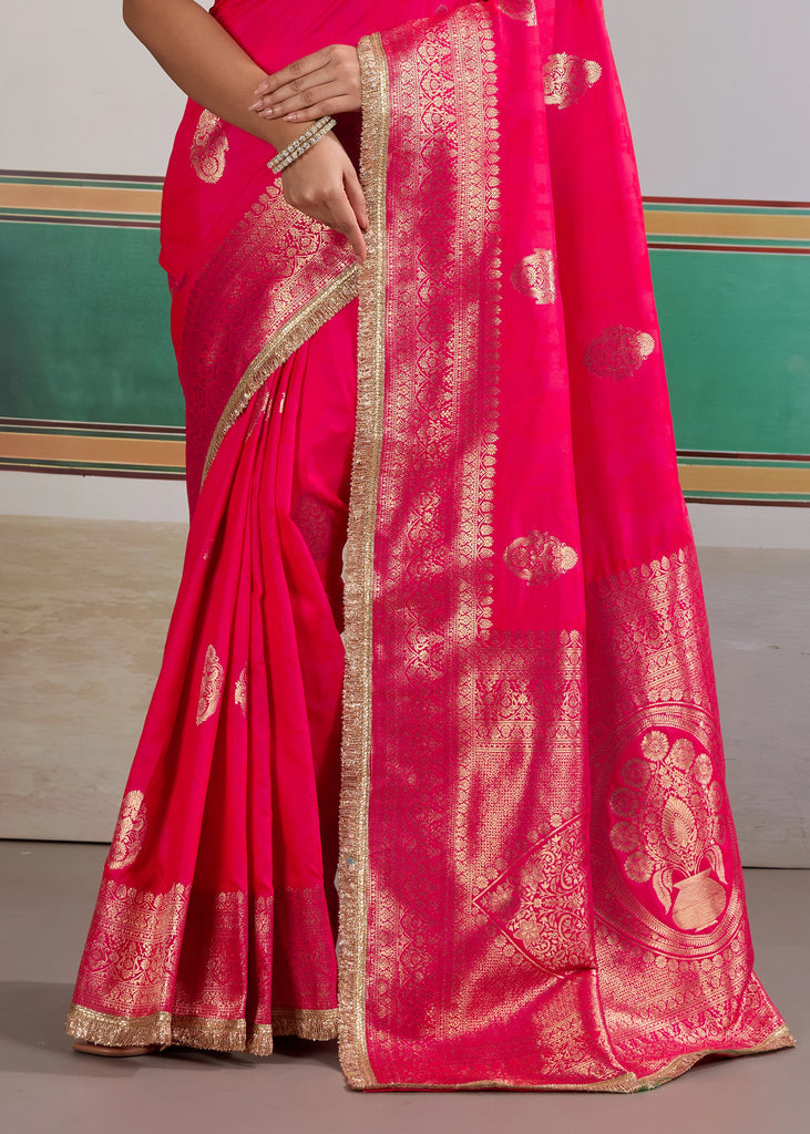 Buy MySilkLove Solid Pink Woven Banarasi Satin Silk Saree Online
