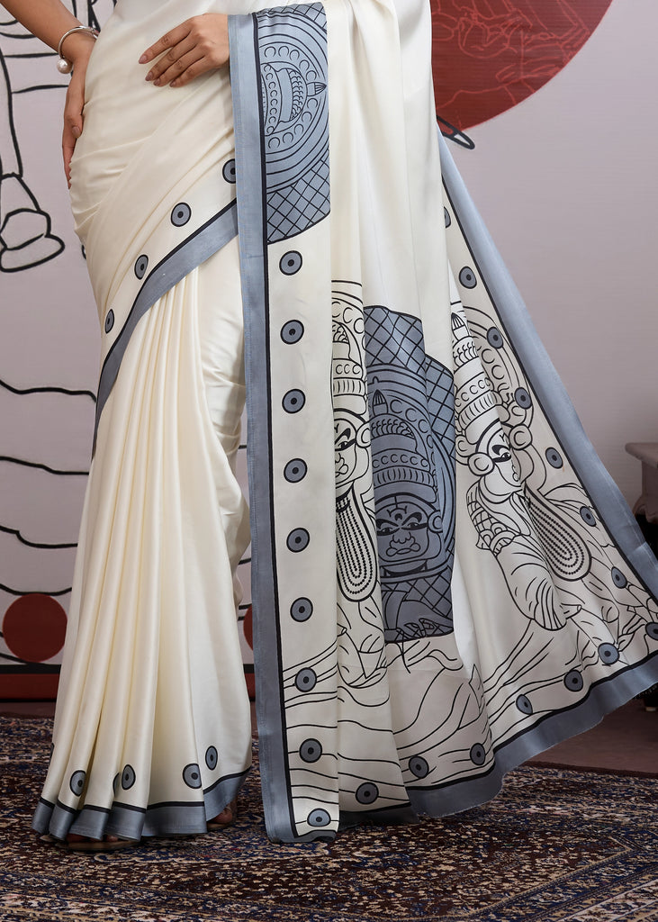 Buy MySilkLove Seal Grey and White Printed Satin Crepe Silk Saree Online
