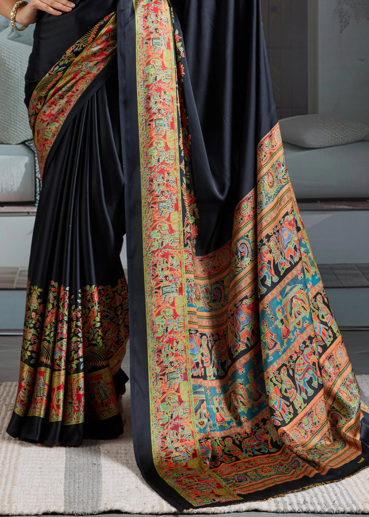 Buy MySilkLove Black Cat Printed Satin Crepe Silk Saree Online