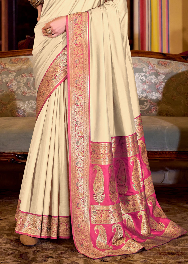 Buy MySilkLove Vanilla Cream Woven Banarasi Soft Silk Saree Online