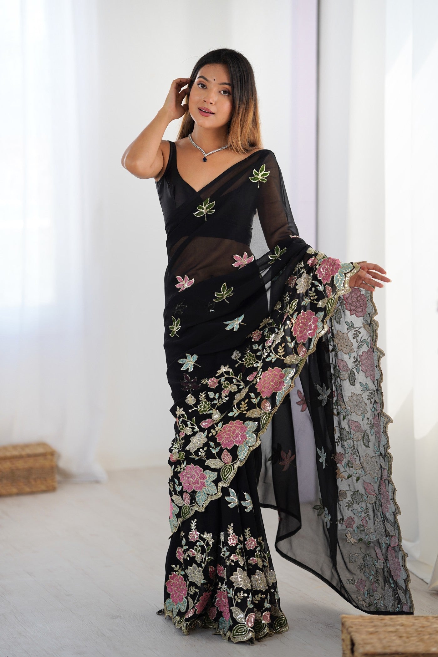 Buy MySilkLove Licorice Black Georgette Partwaer Saree Online