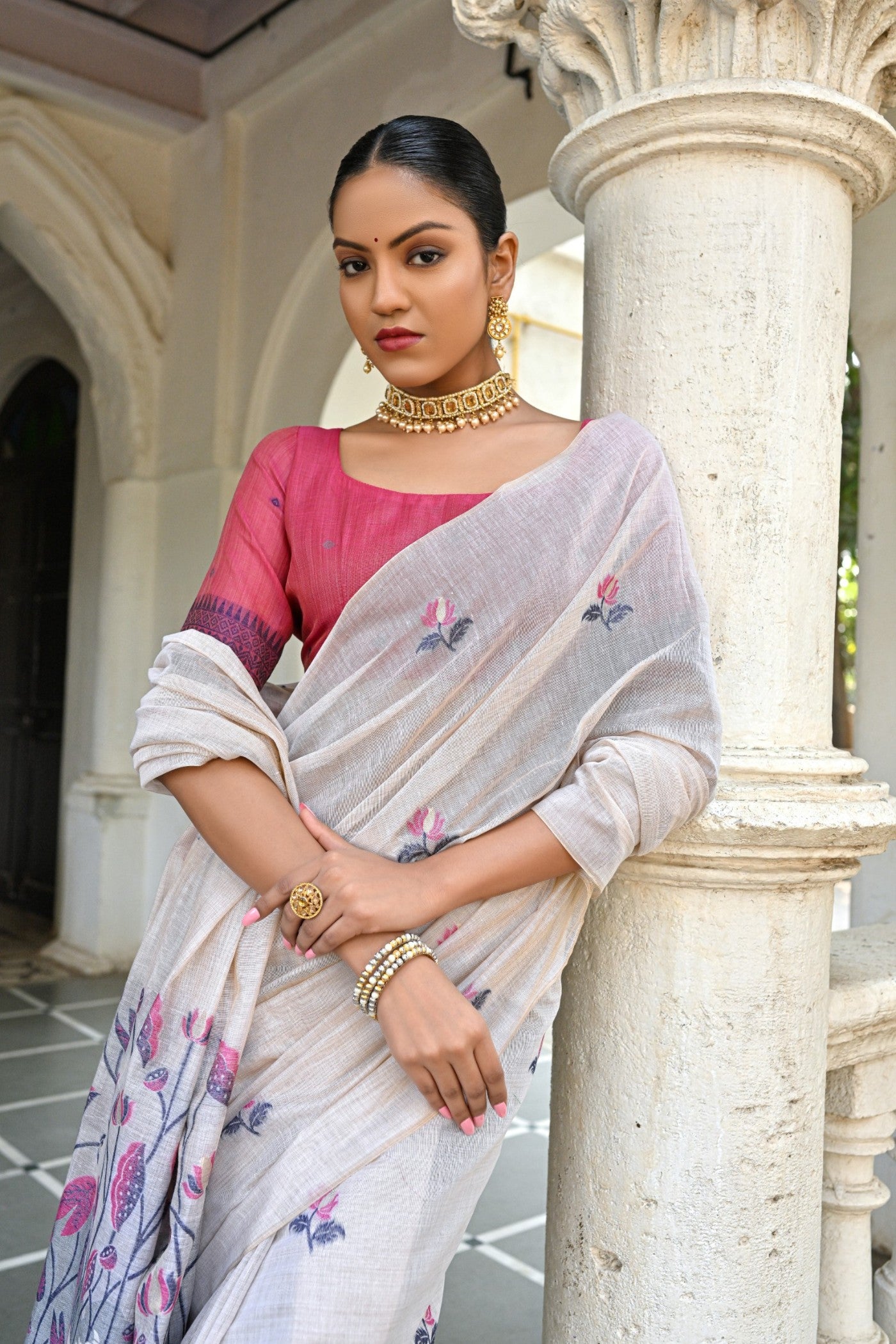 Buy MySilkLove Milk White and Pink Muga Cotton Saree Online