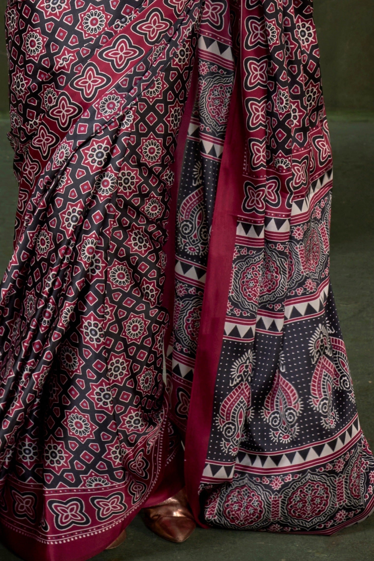 Buy MySilkLove Raisin Purple Ajrakh Printed Satin Crepe Silk Saree Online