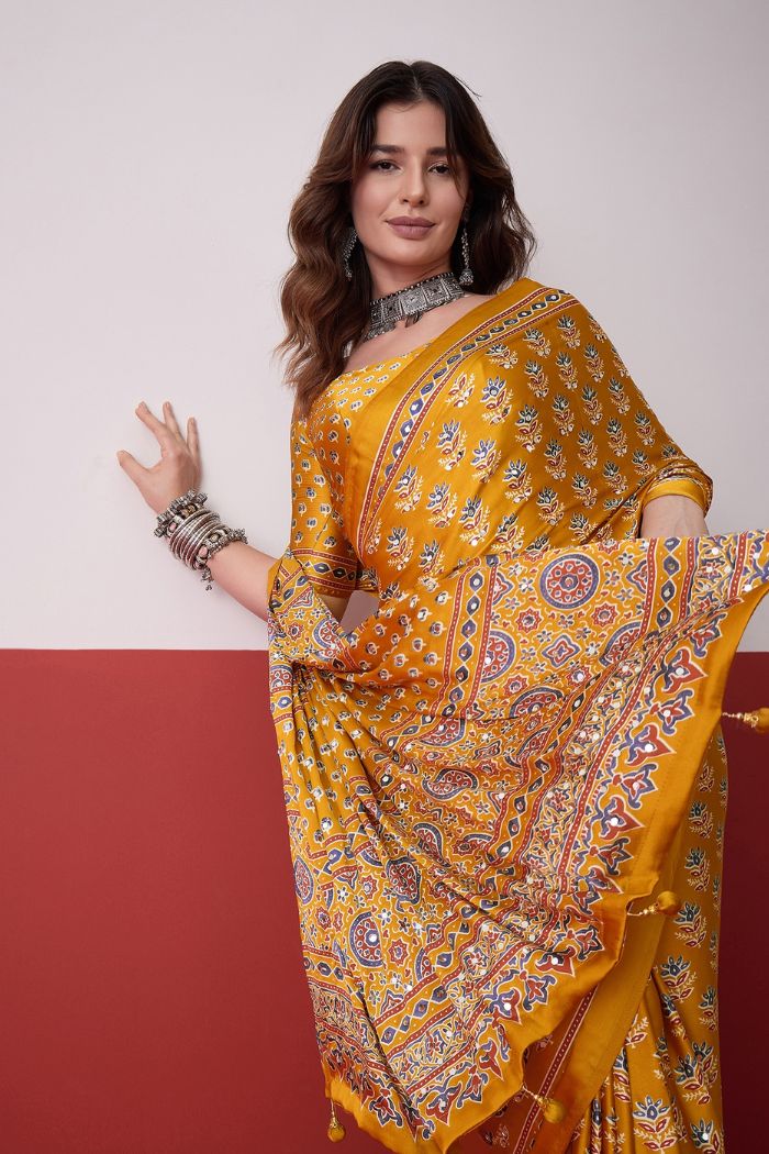 Buy MySilkLove Marigold Yellow Modal Ajrakh Satin Printed Mirror Work Saree Online