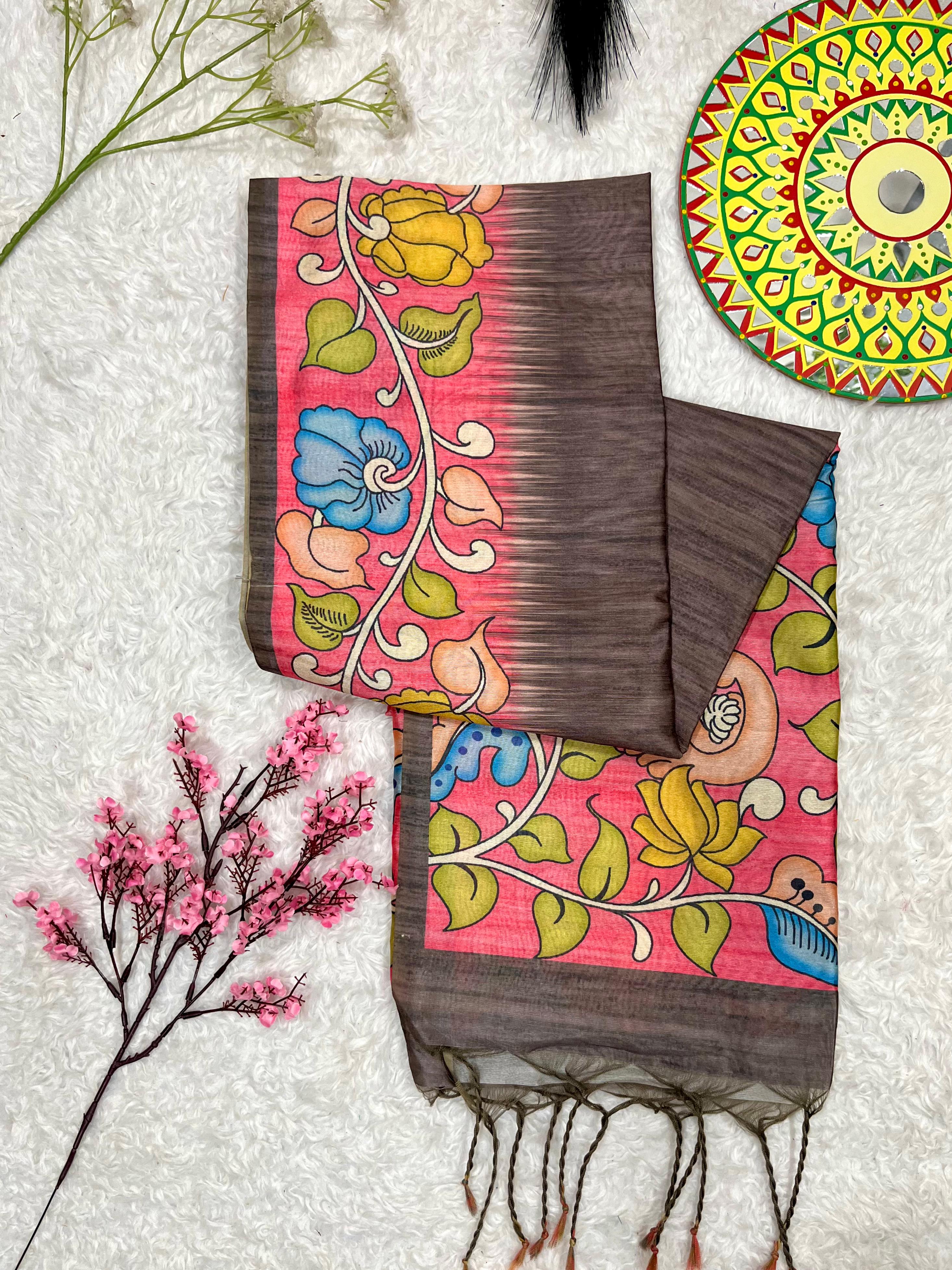 Buy MySilkLove Columbines Brown Floral Printed Cotton Saree Online