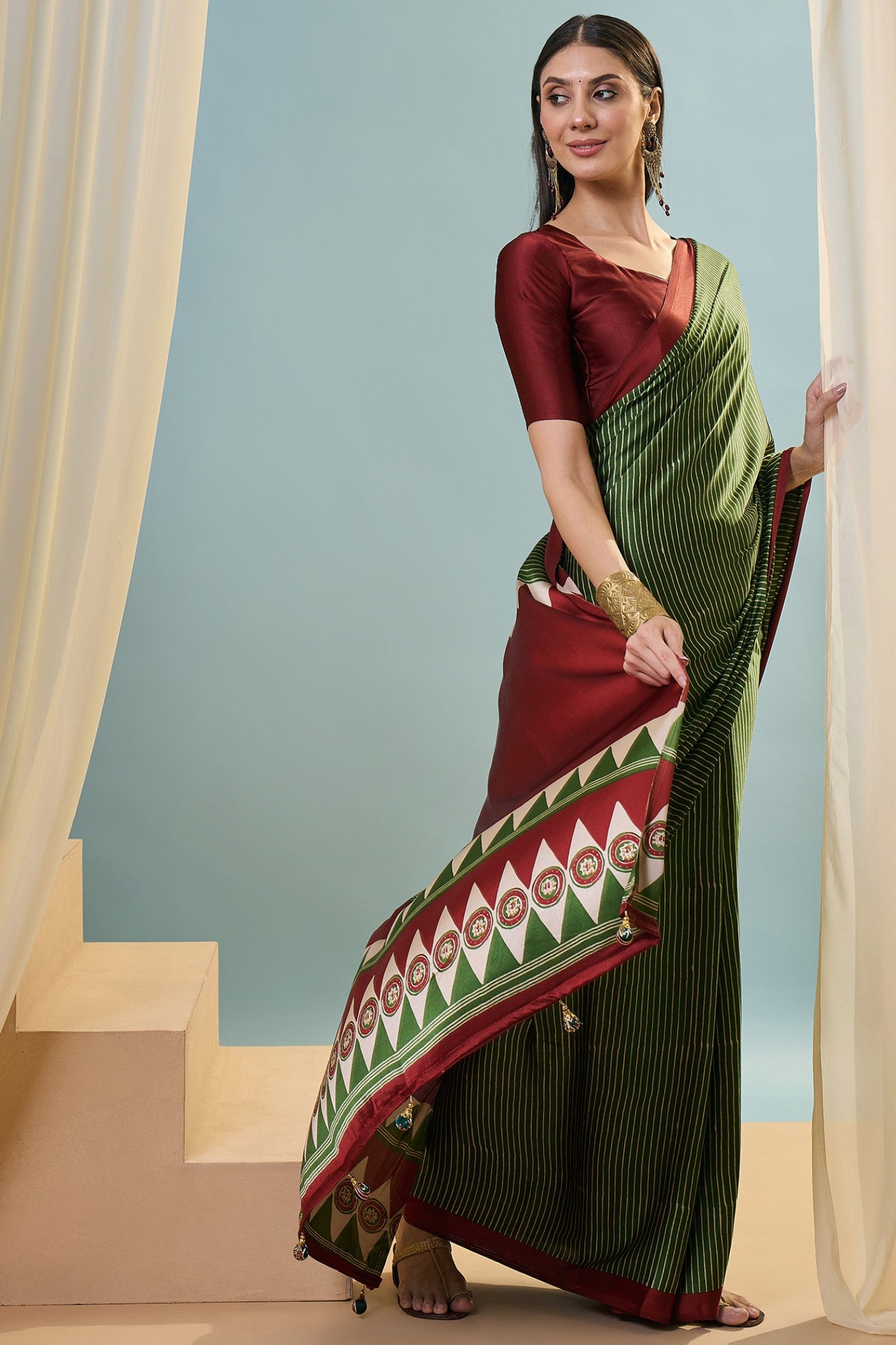 Buy MySilkLove Ember Green Ajrakh Printed Satin Crepe Silk Saree Online