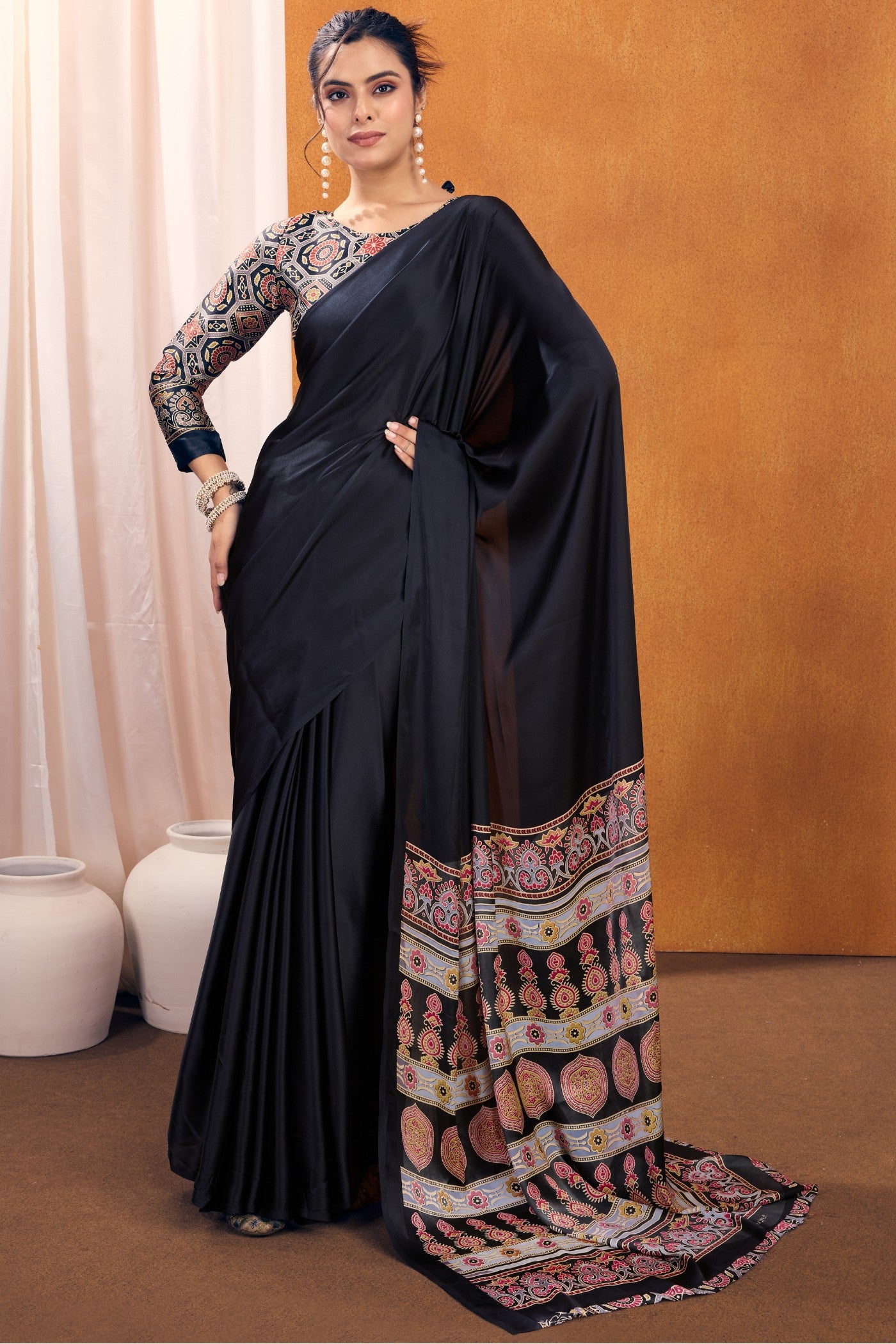 Buy MySilkLove Eleboro Black Ajrakh Printed Satin Crepe Silk Saree Online