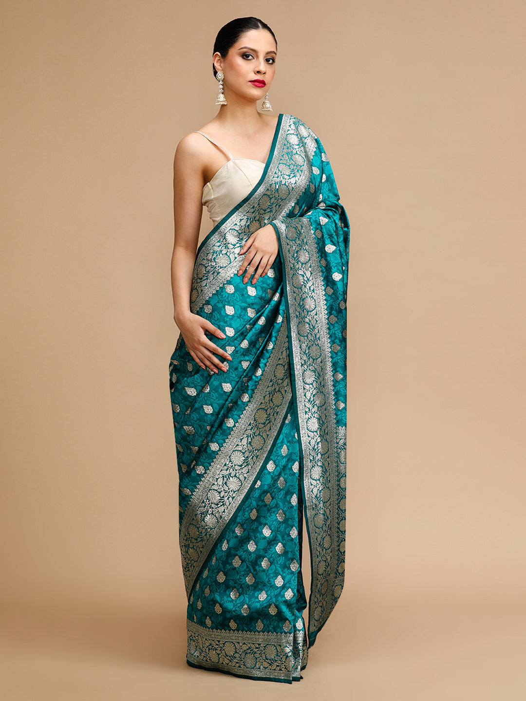Buy MySilkLove Viridian Green Woven Jacquard Lichi Silk Saree Online