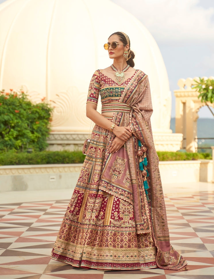 Buy MySilkLove Copper Penny Brown Woven Lehenga Choli With Heavy Embroidery Work Online