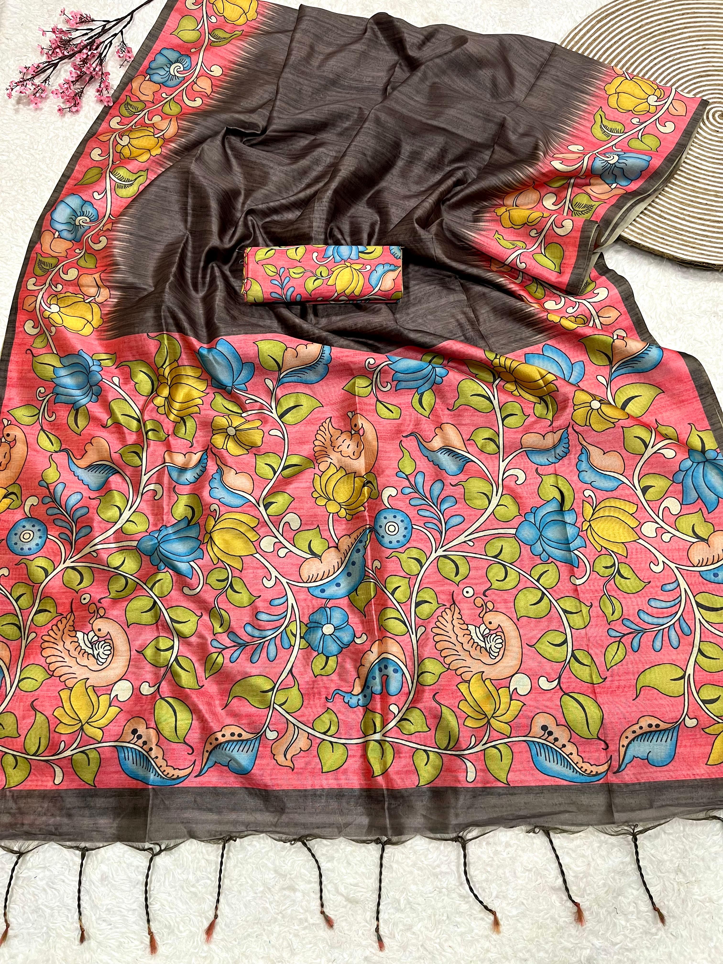 Buy MySilkLove Columbines Brown Floral Printed Cotton Saree Online
