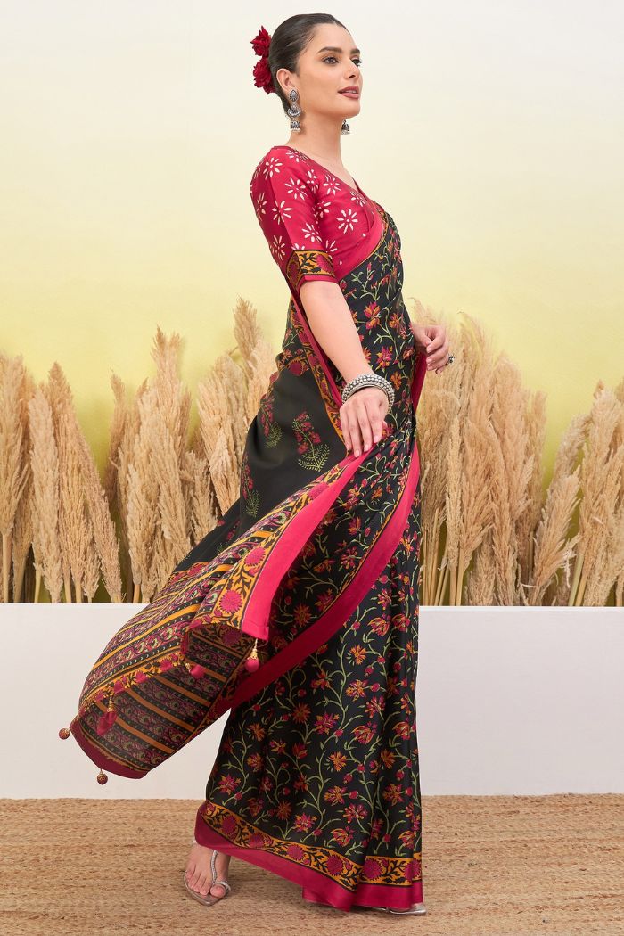 Buy MySilkLove Black Eel Modal Satin Printed Silk Saree Online