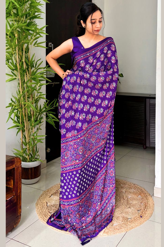 Buy MySilkLove Violet Purple Modal Ajrakh Satin Printed Mirror Work Saree Online