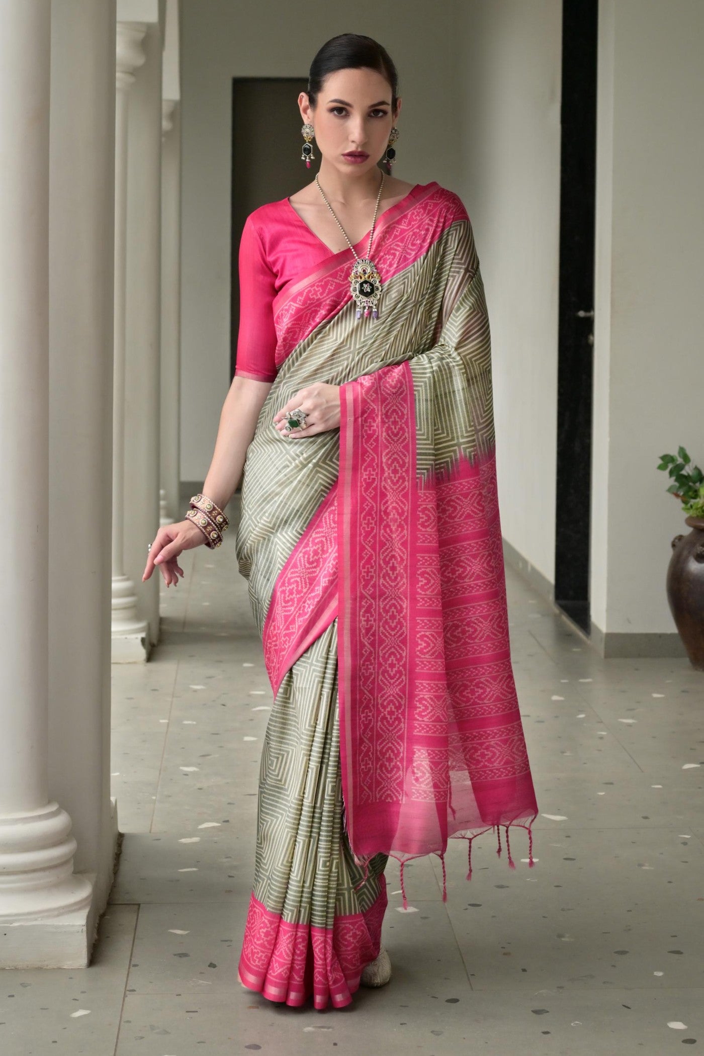 Buy MySilkLove Swamp Green and Pink Printed Tussar Silk Saree Online