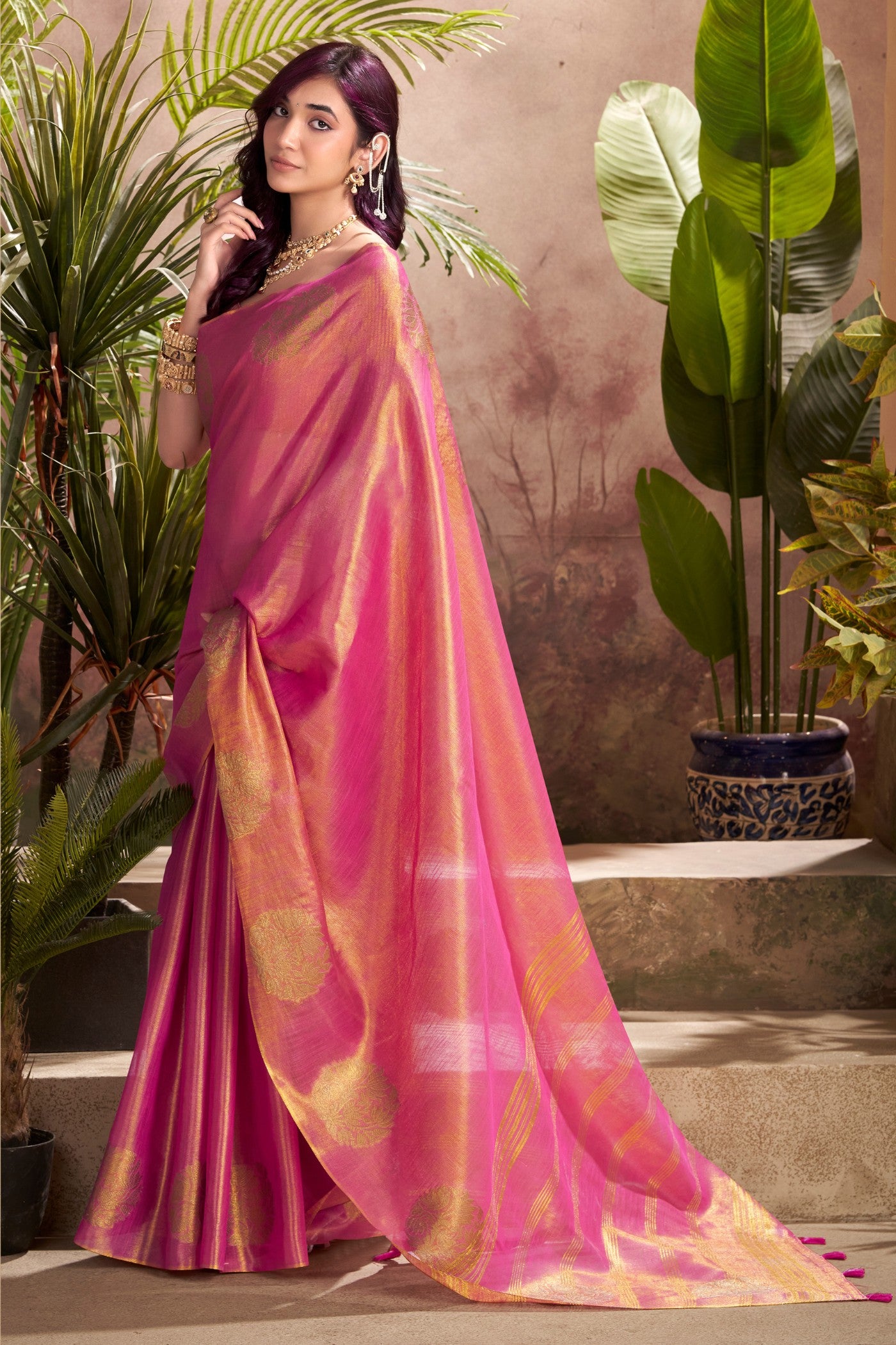 Buy MySilkLove Brick Pink Woven Tissue Saree Online