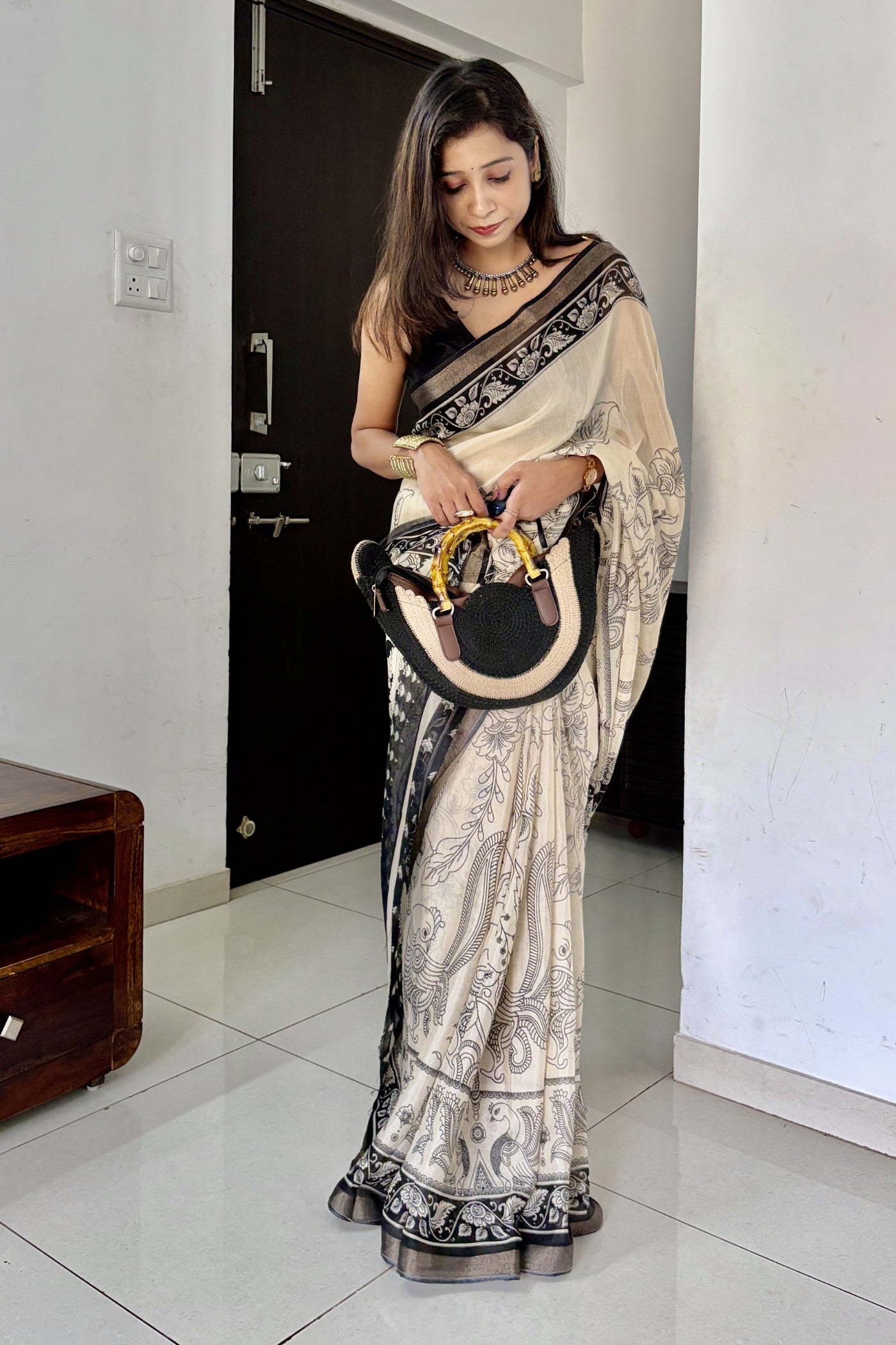 MySilkLove Onyx Black and Cream Mul Cotton Kalamkari Saree