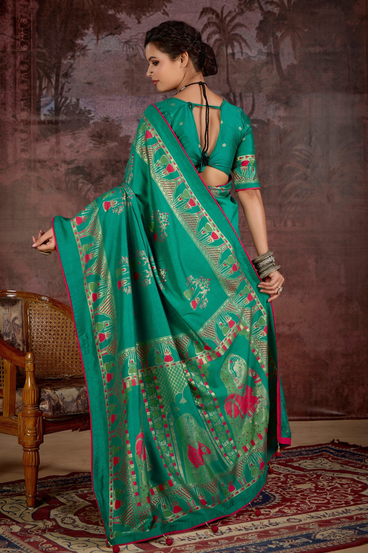 Buy MySilkLove Teal Green Tussar Rajwadi Printed Silk Saree Online