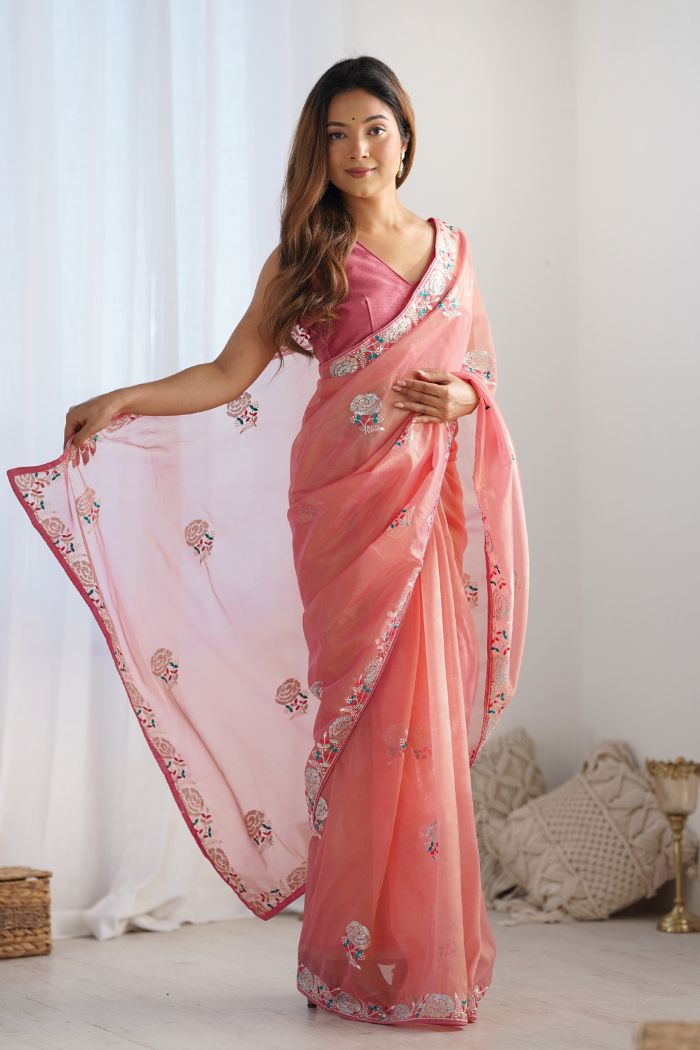 Buy MySilkLove Faded Peach Partywear Net saree Online