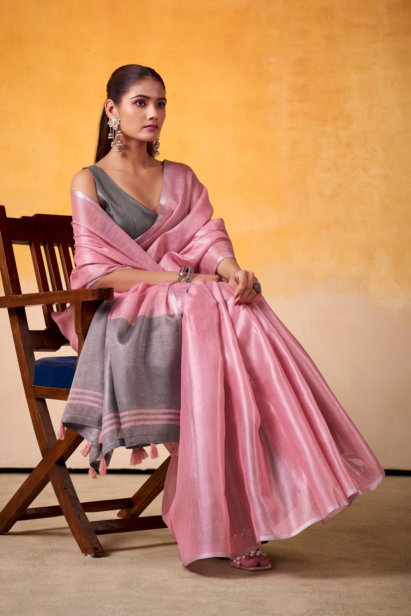 Buy MySilkLove Coral Pink and Grey Woven Tissue Silk Saree Online