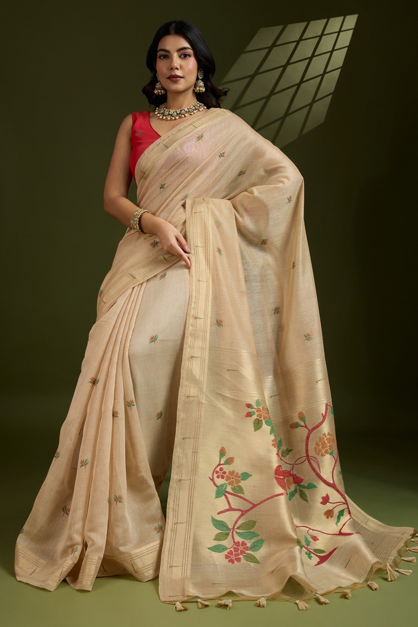 Buy MySilkLove Autumn Cream Woven Muga Cotton Paithani Saree Online