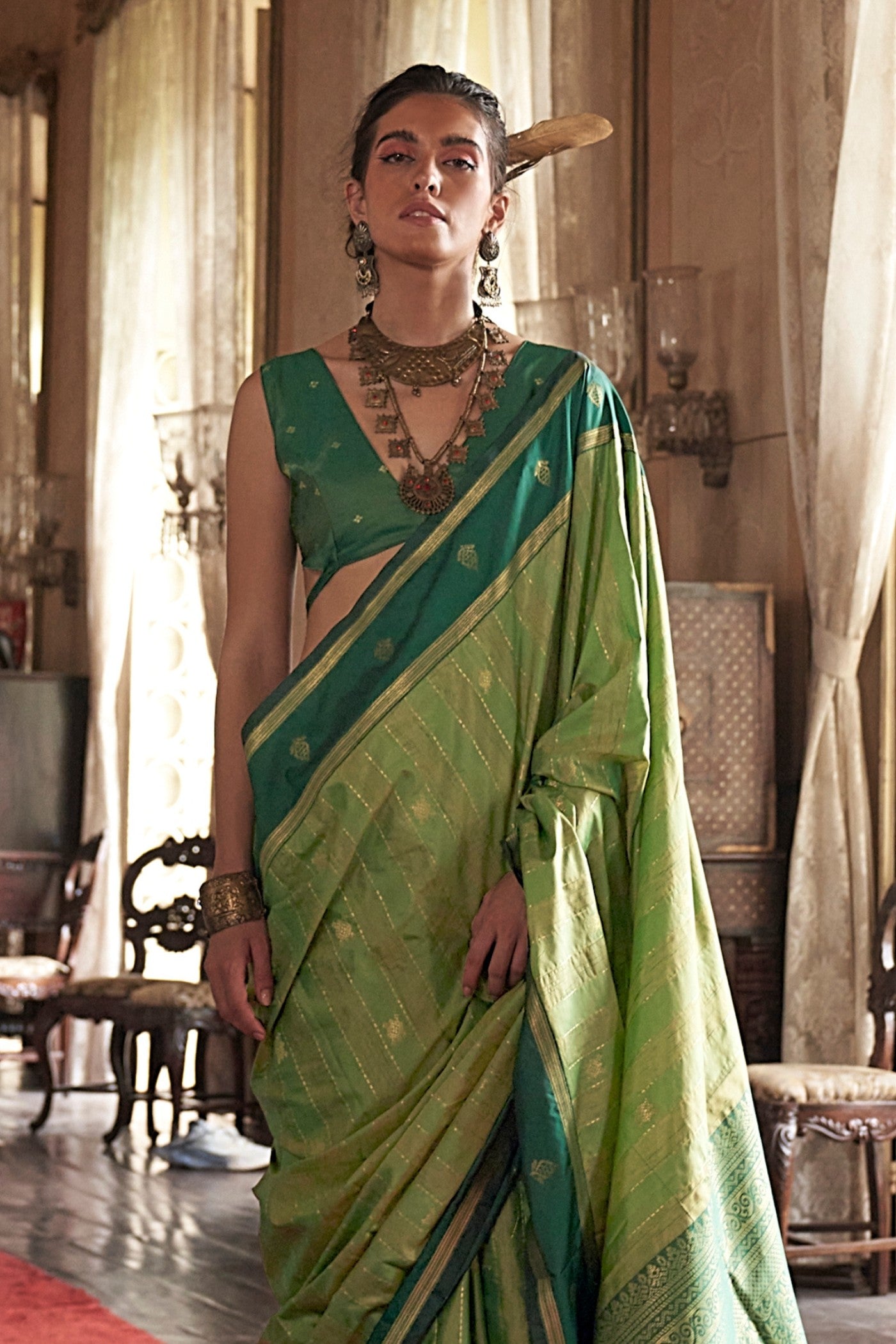 Buy MySilkLove Cambridge Green Tussar Handloom Silk Saree Online